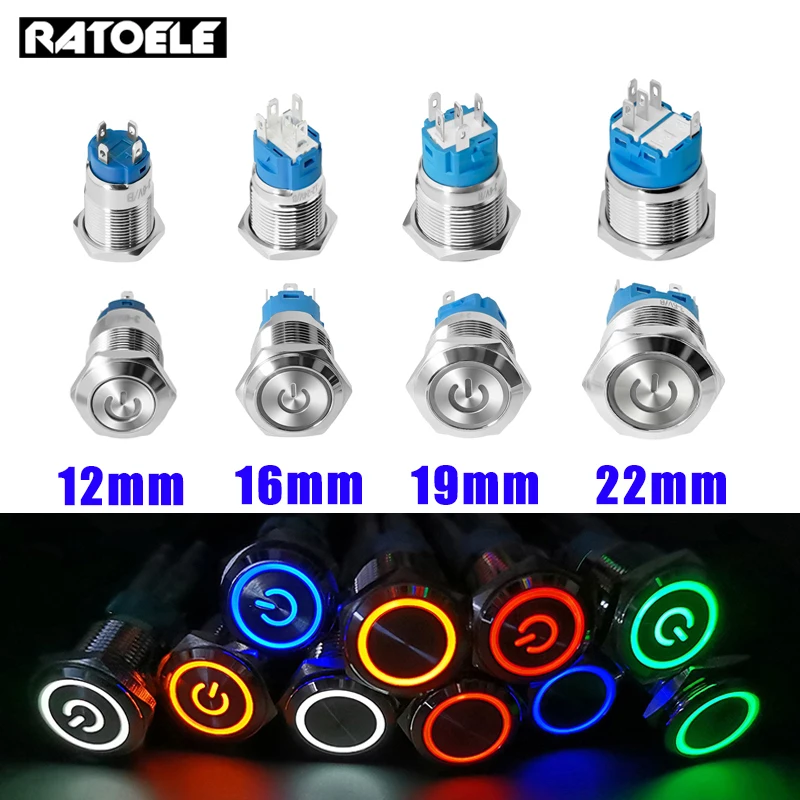 12/16/19/22mm Metal Push Button Switch Power Button Waterproof Flat Bircular Button LED Light