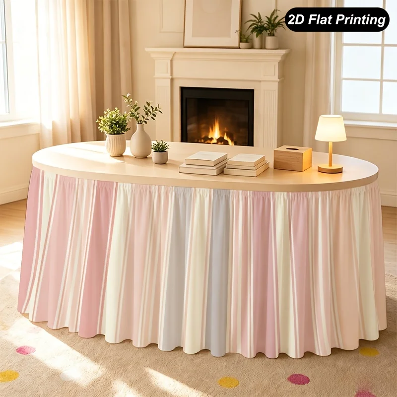 1 piece, pink and white striped table skirt, perfect for home kitchen decor, family gatherings, and holiday decorations
