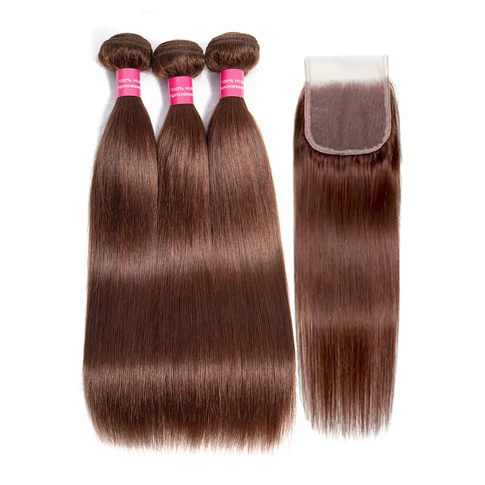 Light Brown Straight Human Hiar Bundles With Closure Chocolate Brown Unprocessed Brazilian Straight hair with 4x4 Lace Closure