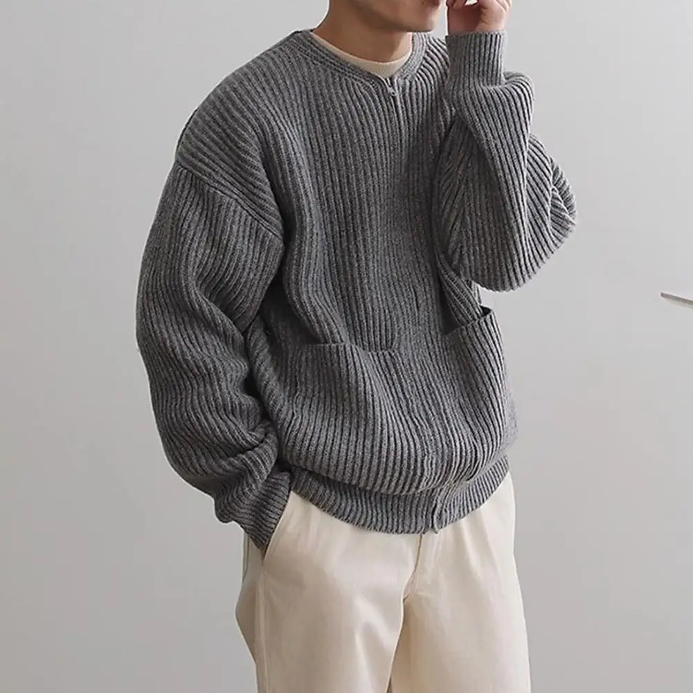 Sweater Cardigan Warm Knitted Sweater Outwear Men's Collarless Knitted Sweater Coat with Zipper Placket Pockets for Autumn