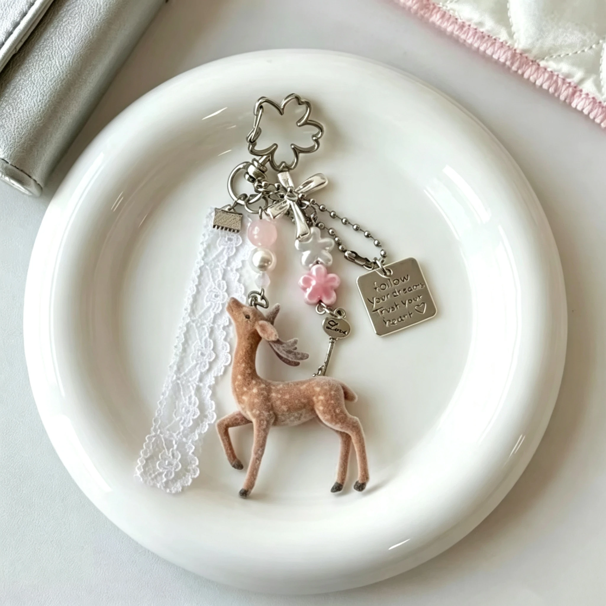 Cute Korean Style Deer Keychain 11.5cm DIY Bead Storage Box Handmade Portable Bag Pendant Ornament Gift for Women Girls