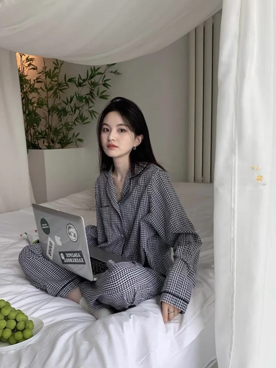 

Trendy Korean Cotton Plaid Spwear Set Women's Autumn Outerwear Home Clothes Long Sve Button up Casual Sle Nightgown