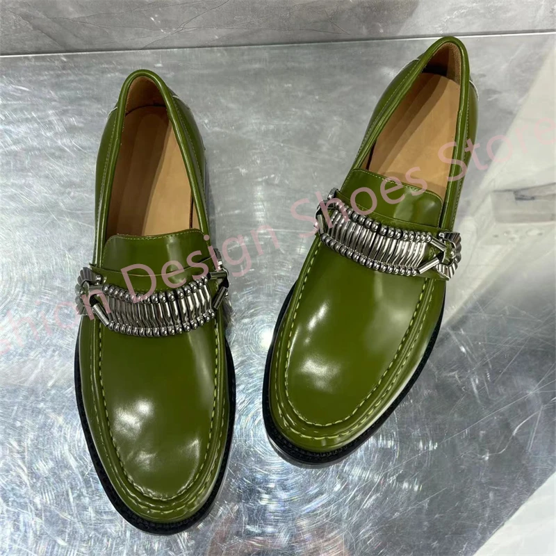 

Green Leather Metal Chains Cross-strap Men Loafer Low Heels slip on Round Toe Big Size 40-48 Casual Shoes Man