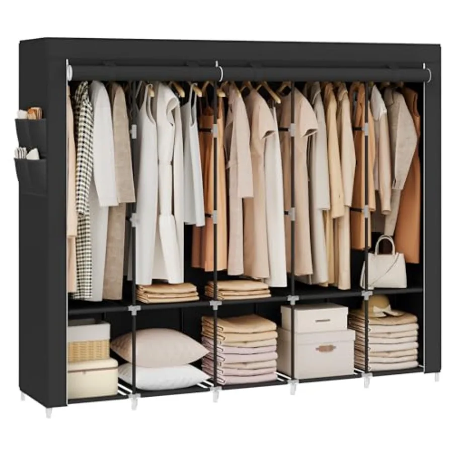 

Portable Closet Wardrobe Closet Organizer with Cover 5 Hanging Rods and Shelves 4 Side Pockets 17.7 x 83 x 65.7 Inch Large Capa