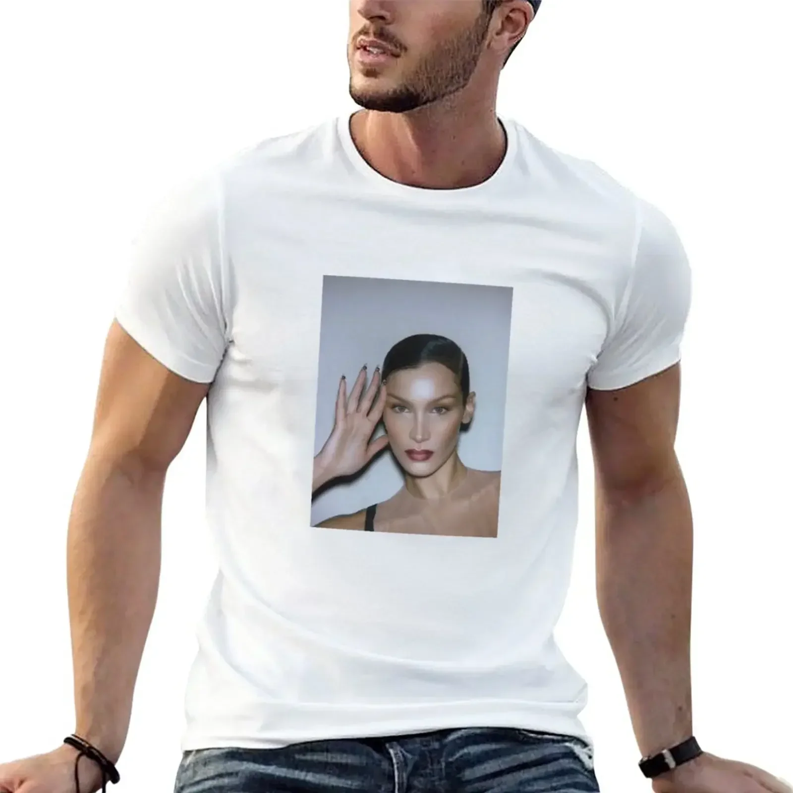 Bella Hadid Headshot Graphic T-Shirt Black Top Men's Clothing