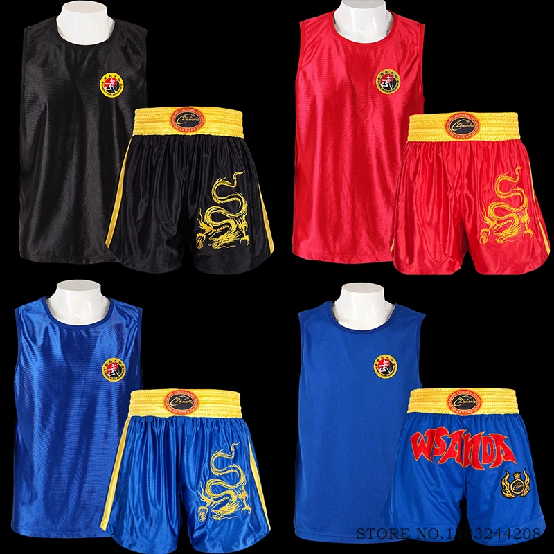 Boxing Shorts and Singlet Men Women Child Muay Thai Shorts MMA Rashguard Dargon Embroidery Martial Arts Kickboxing Fight Pants