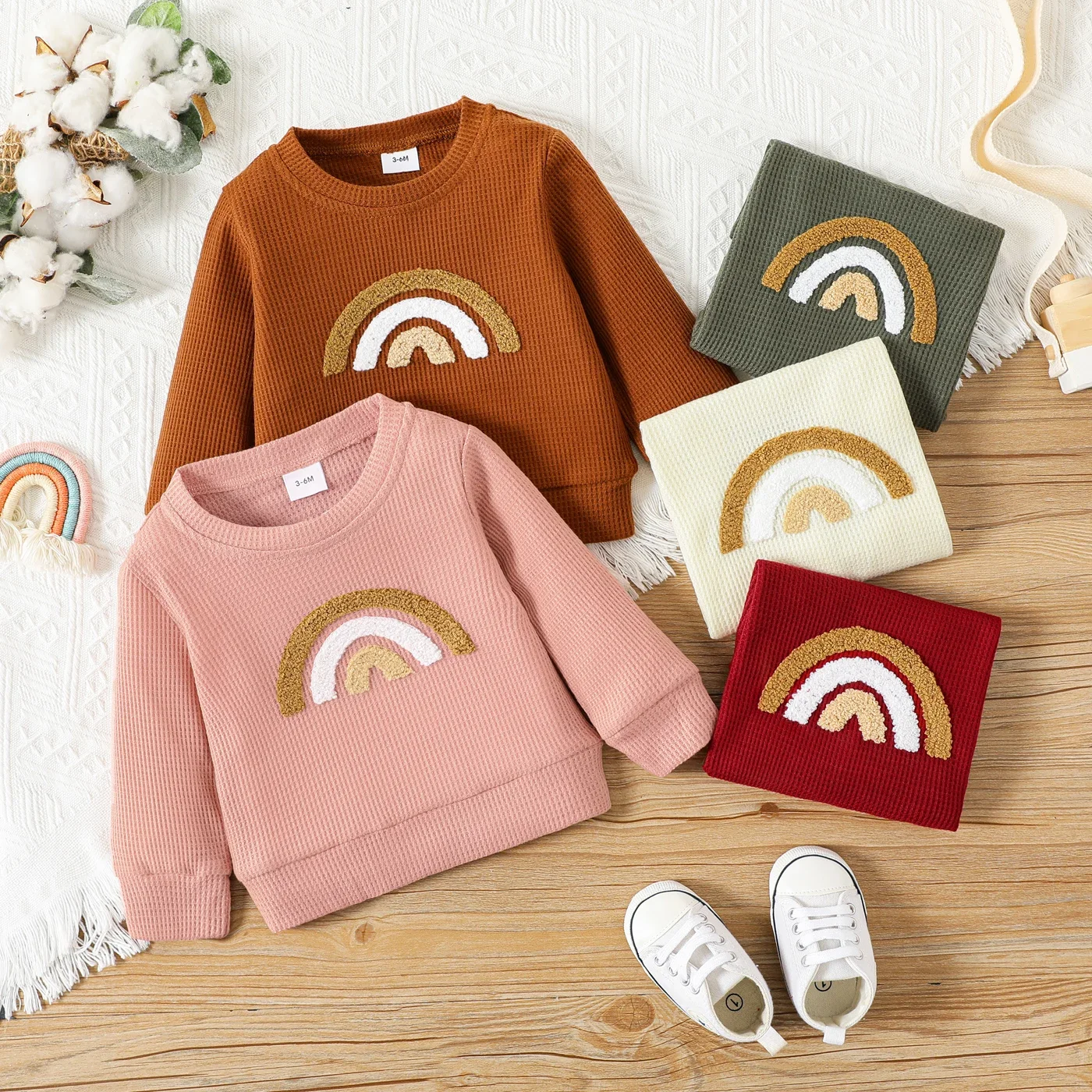 PatPat Baby Boy/Girl Rainbow Pattern Waffle Long-sleeve Pullover Sweatshirt Perfect for Outings and Daily Wear Basic Style