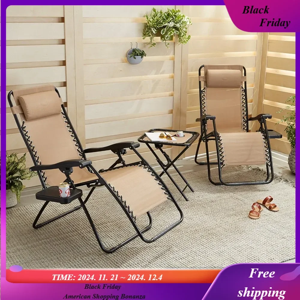 

Outdoor Textilene Adjustable Zero Gravity Folding Reclining 3-Piece Lounge Chair Set with Side Table, 35 x 26 x 43 inches, Beige