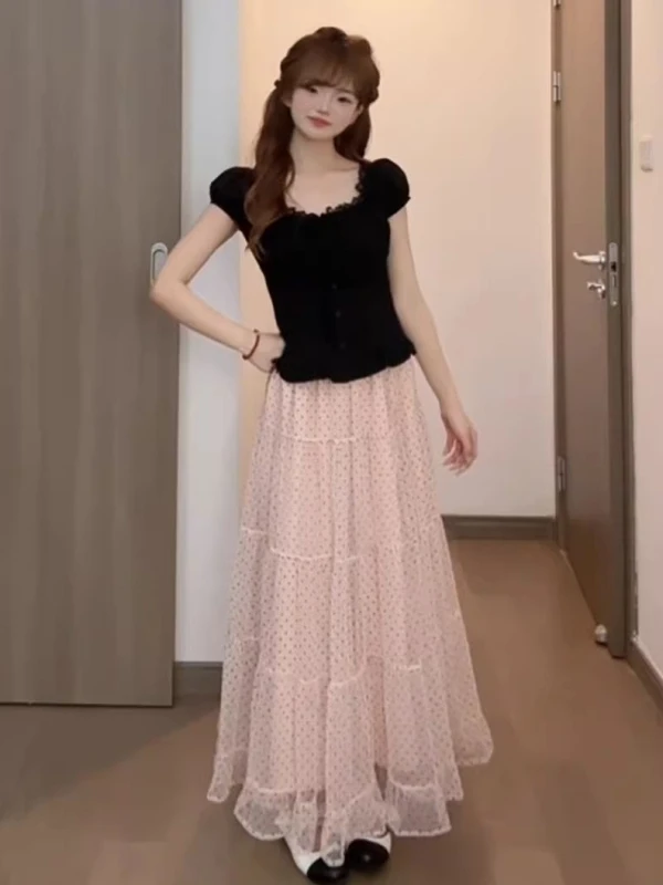 

Summer Korean Sweet Style Black Square Collar Bubble Sleeve Shirt Polka Dot Mesh Long Skirt Unique Beautiful Outfit Set for W...