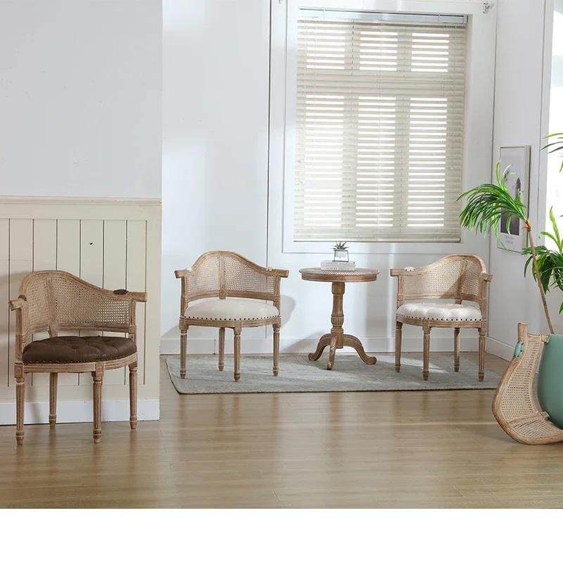 American country solid wood cowhide retro dining chair shooting with armrests cafe French rattan chair old princess