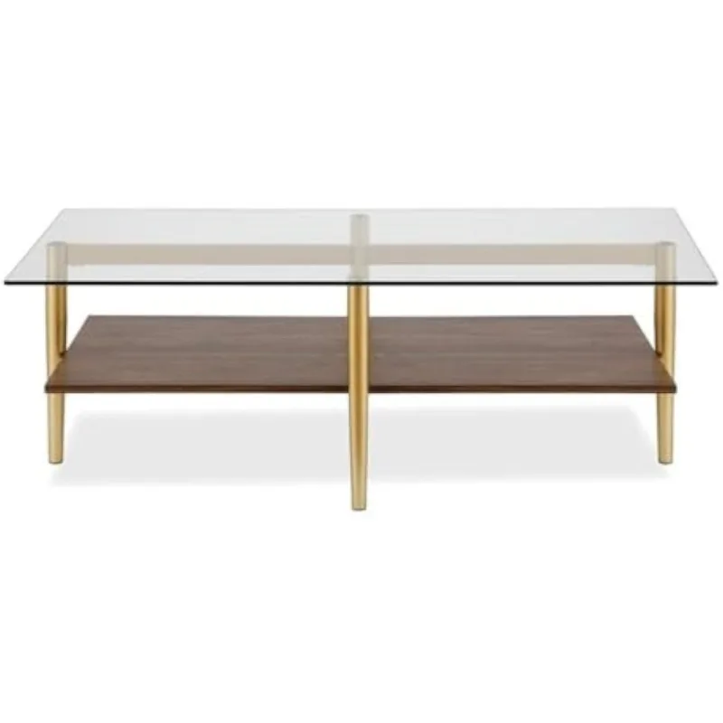 Mid-Century Brass Metal Rectangle Coffee Table and Walnut Wood Shelf, Weight capacity can support up to 60 LBS.