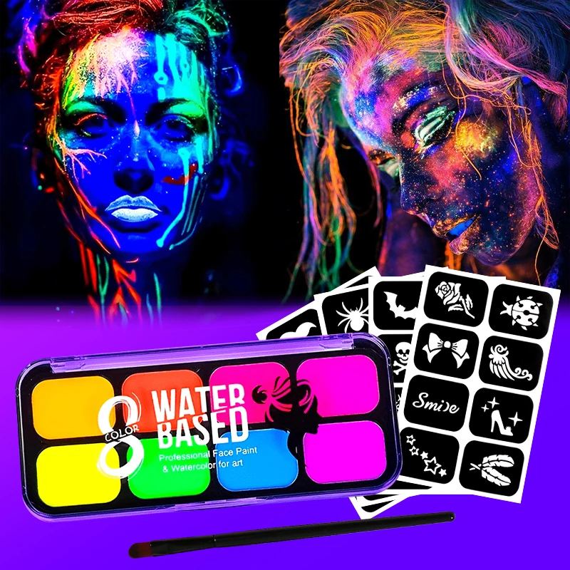 8 Color UV Neon Face Paint Kit Water Activated Glow Body Paint with Brushes and Stencils Non-Toxic Washable Makeup for Halloween