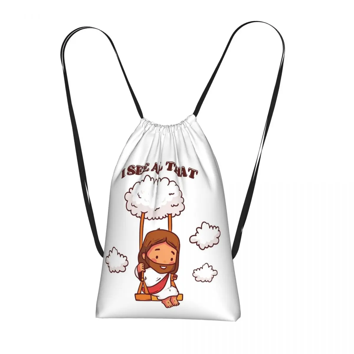 I See All That Cute Jesus On A Cloud Swing Drawstring Backpack Sports Gym Bag Portable Travel Drawstring Bag for Men Women