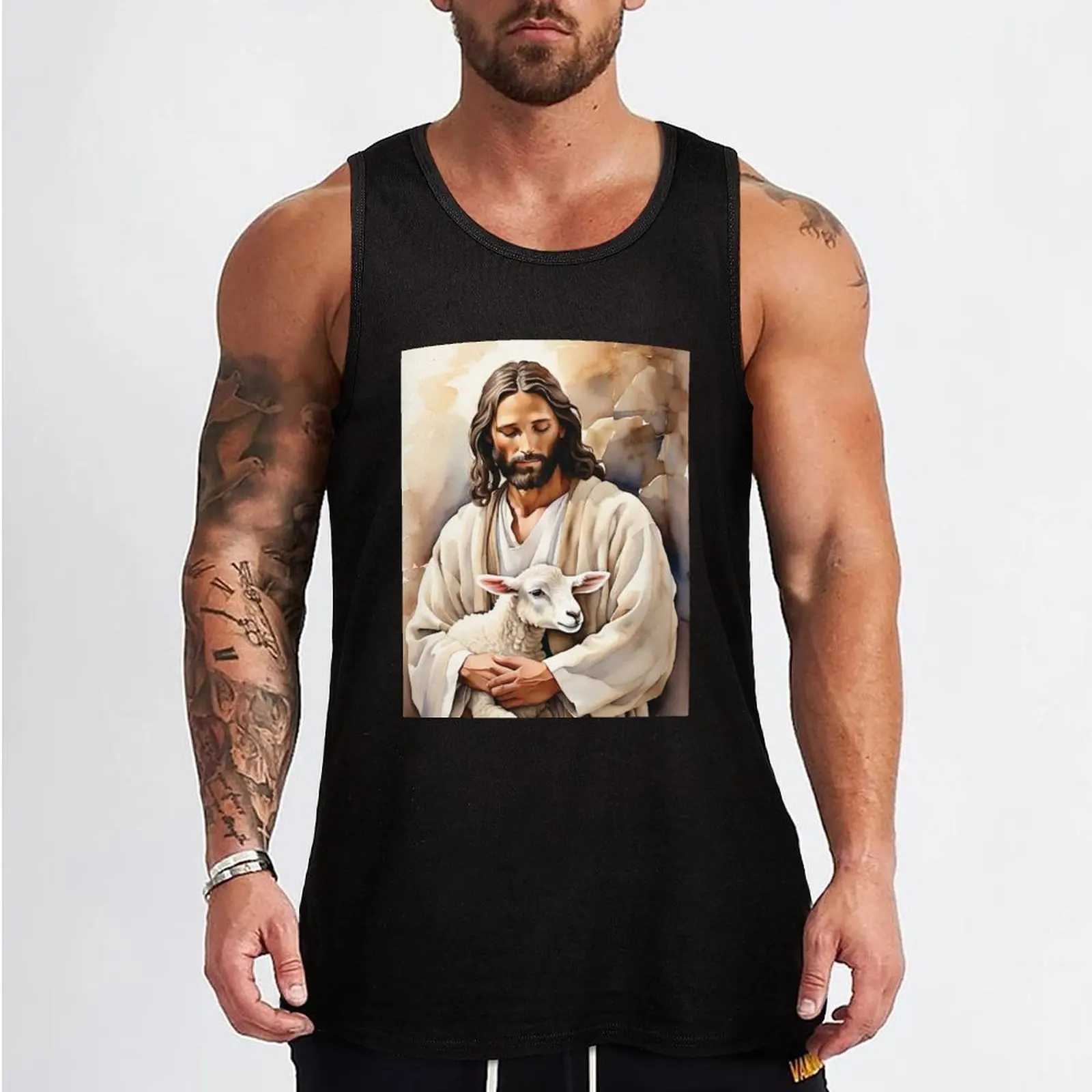 Christian Art: A Timeless Canvas Wall Art of Jesus and Lamb Tank Top mens gym clothes gym accessories men men clothes