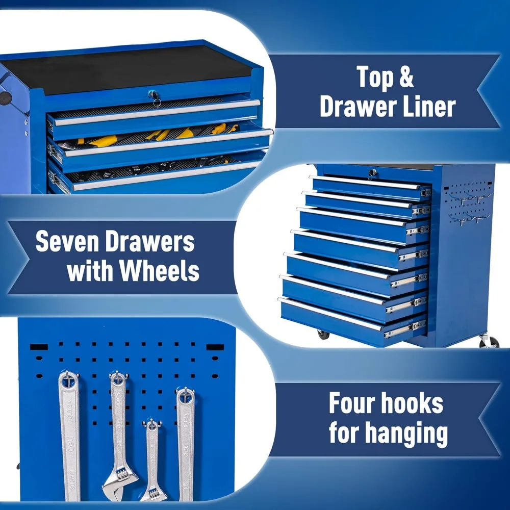 "Metal Rolling 7-Drawer Tool Chest with Lockable Storage Cabinet for Workshop Repairs"