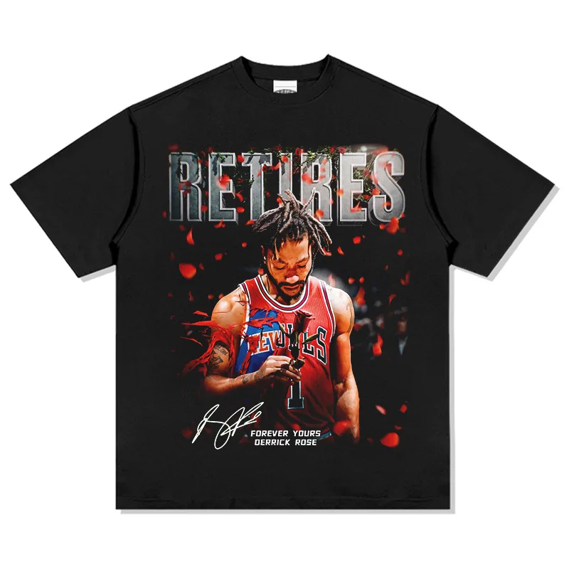 

2025 Rose American Star T-shirt Street Hip Hop Fashion Brand Retro Print Pure Cotton Round Neck Short Sleeve High Quality