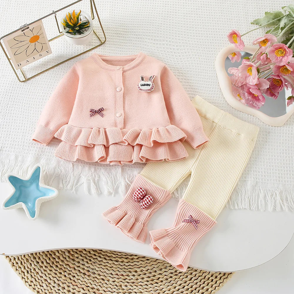 Baby Girls Knitted Clothes Sets Spring Autumn Infants Woolen Jersey Sweaters Tops Pants 2pcs Cute Suit For Toddler Outfits 1 2Y