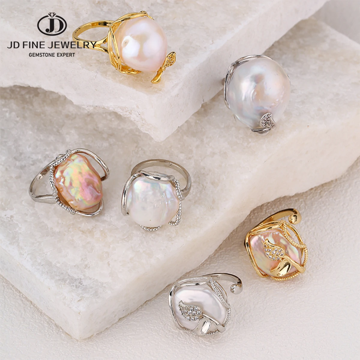 

JD Natural Freshwater White Baroque Pearl Inlaid Floral Shape Rings Women Bohemian Vintage Bridal Wedding Jewelry Birthday Gift