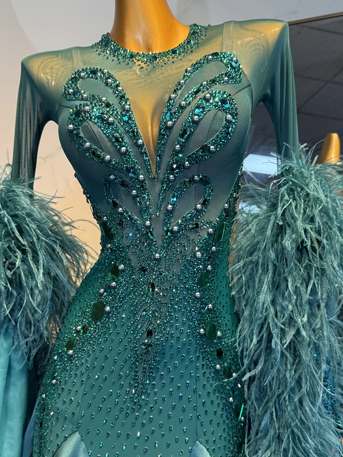 Latin Dancer Adult Children High-End Customized Dark Green Modern Black Pool AB Stone Practice Race Dress
