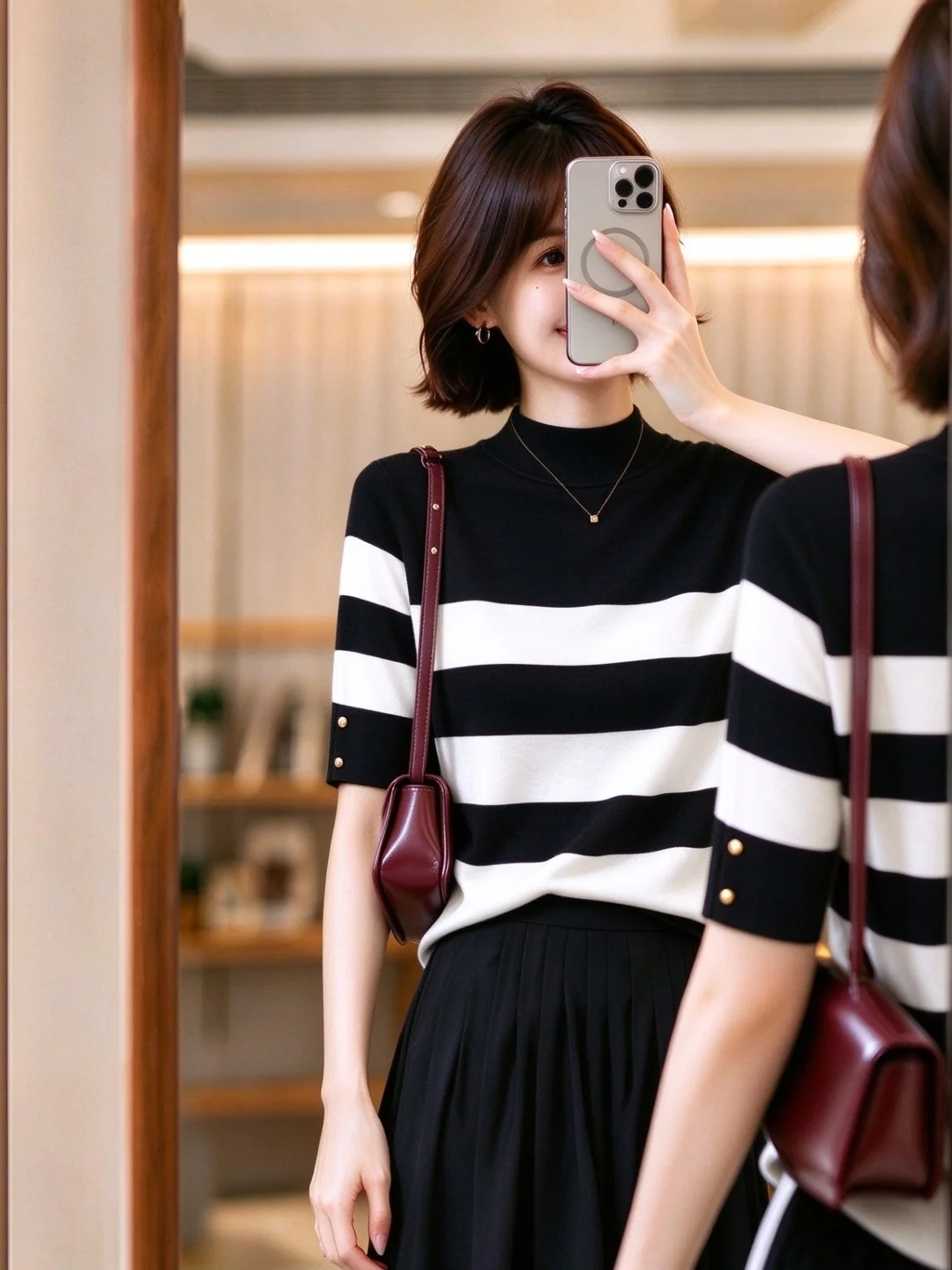 Fashionable Stripe Knit Top Women's Short Sleeve Color Block Luxury Sensation Korean Style Straight Cut Soft Material Autumn ...