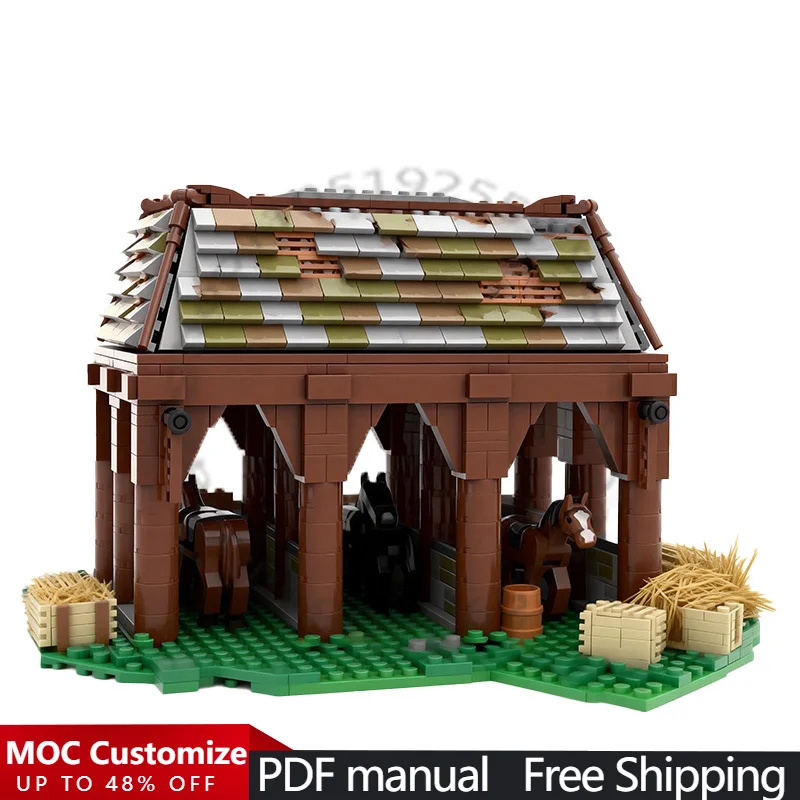 

889 деталей: Средневековая конюшня MOC для городского строительства, модульный конструктор, простые технологии, DIY, игрушка для мальчиков, подарок на день рождения