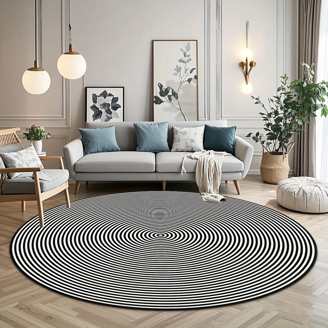 Modern Ink Lotus Round Rug Gray Abstract Sheer Flower Circular Mat Oriental Aesthetic Decor Floor Mat for Bedroom Entryway Decor