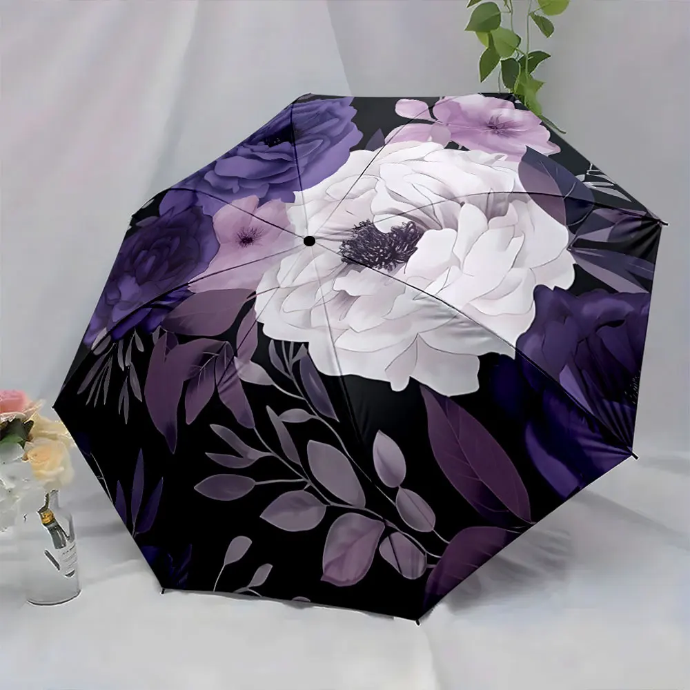 1PC Elegant Floral Umbrella with Purple and White Blooms Print 8 Iron Ribs Folding Umbrella Auto-Open Fashion Sunshade