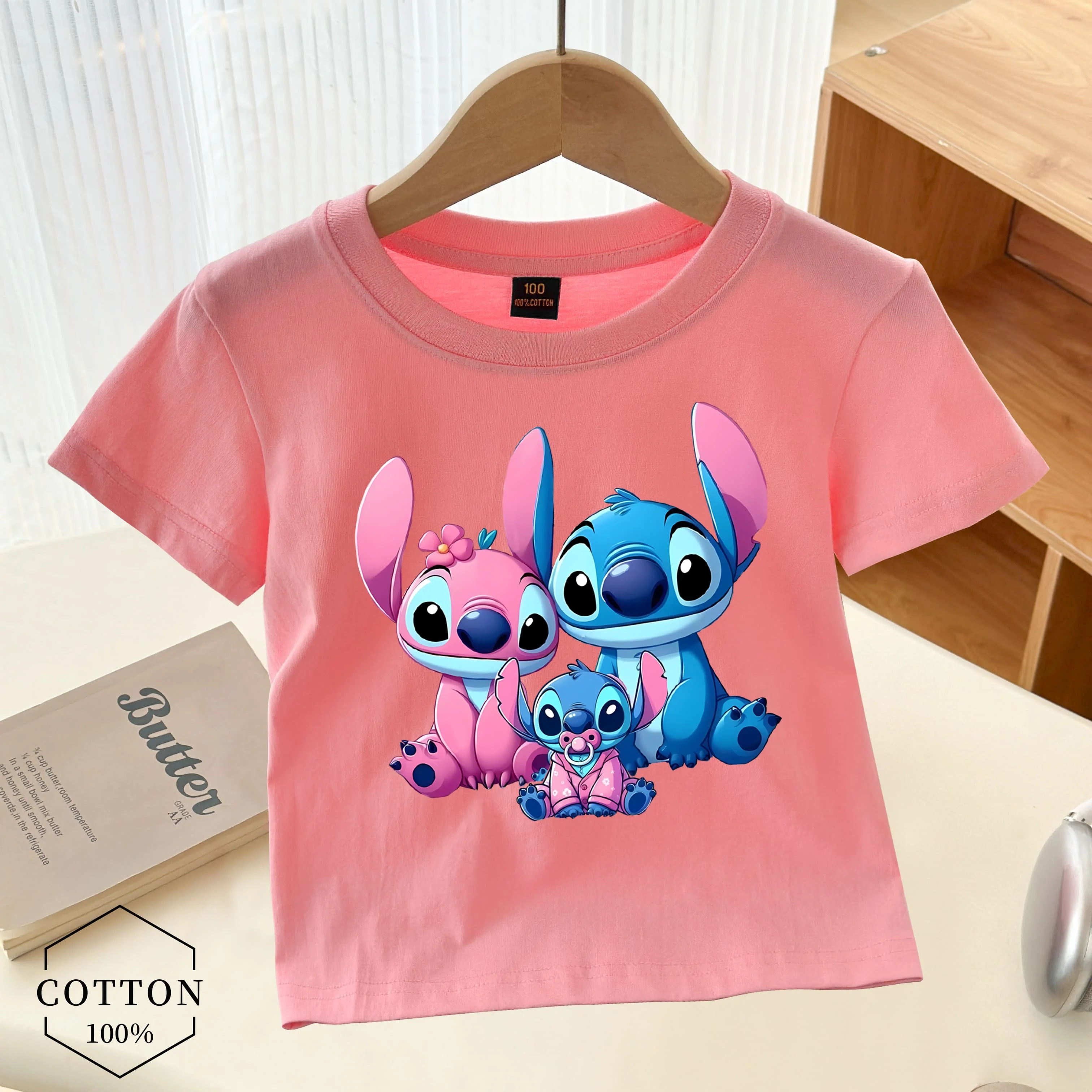 

Disney New Stitch Kids Cotton T Shirt Birthday Gift Kawaii Cartoon Print Children Tops Short Sleeve Summer Clothes for Boy Girl