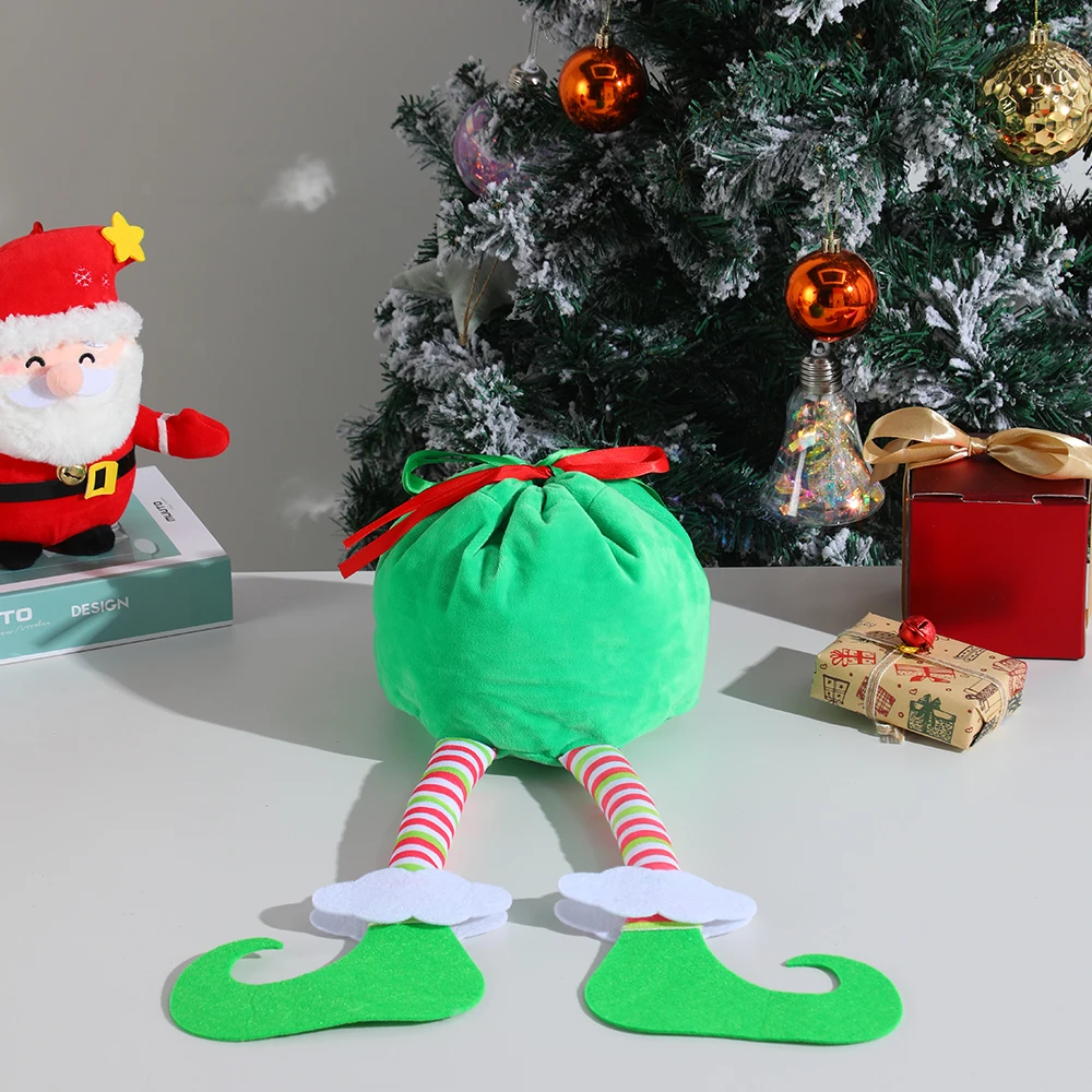 Elf Christmas Santa Sack For Kids Green Soft Plush Gift Candy Bag Ribbon Drawstring Xmas Present Storage