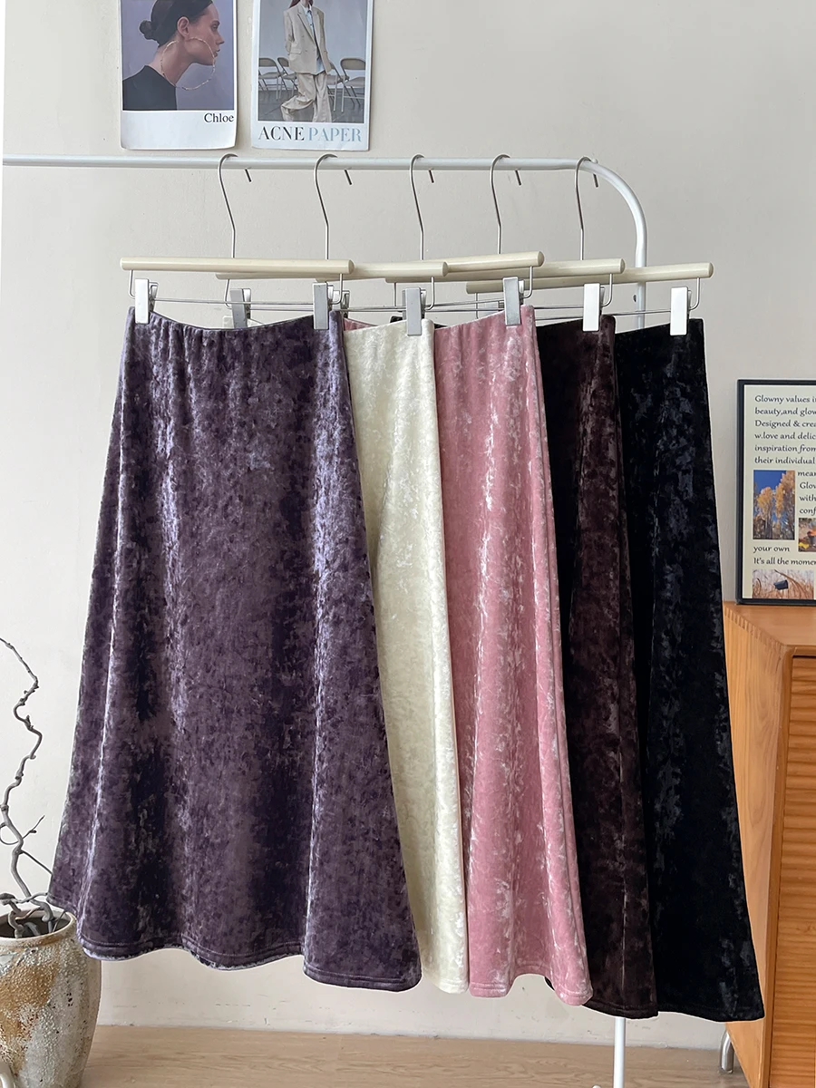 Women's Elegant Vintage Velvet Glossy Long Skirt Lady Spring Autumn Solid Color Elastic Waist Mermaid Skirt