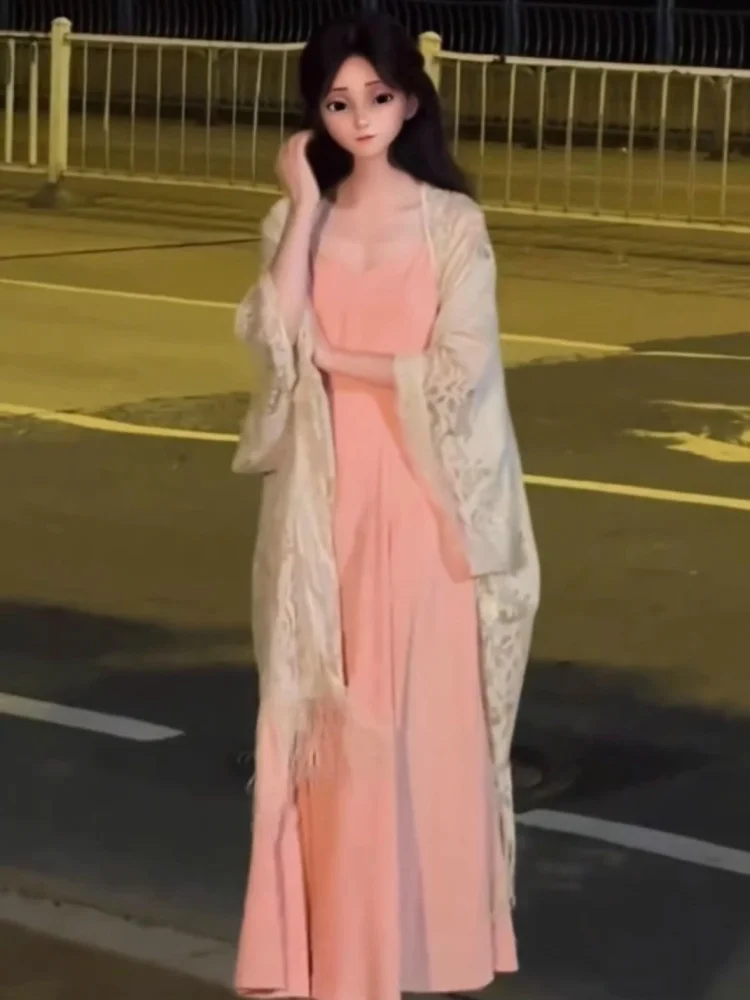 

Summer Travel Photoaphy Lace Trim awl Outerwear Ethnic Sle V-Ne Mid-Length Svel Cardigan Pure Color Flag Dr