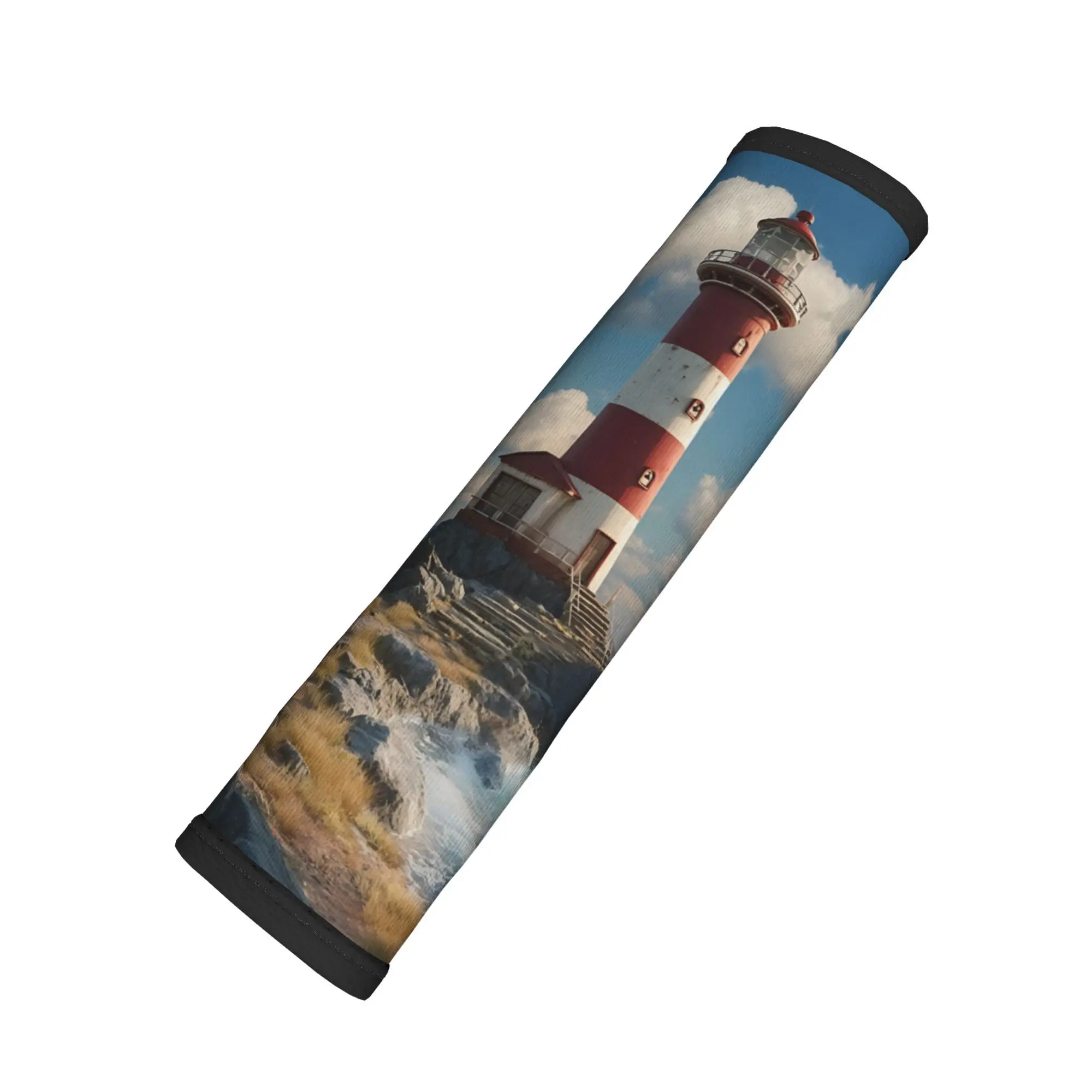 1pc Coastal Red And White Striped Lighthouse Standing On Rugged Rocks With Crashing Ocean Waves Under Bright Cloudy Sky Car Anti