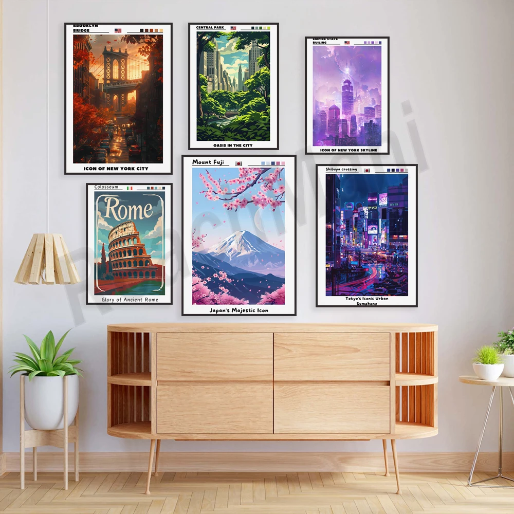 Italy, Venice, Japan, Mount Fuji, New York, Central Park, Italy, Colosseum, Eiffel Tower, Brooklyn Bridge, USA travel poster