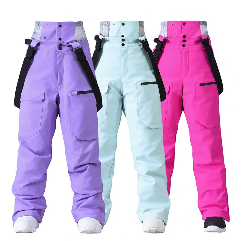 Snowboard Pants Women Winter Outdoor Skiing Windproof Waterproof Warm High-waist-loose Ski Pants Suspenders Overalls Pants