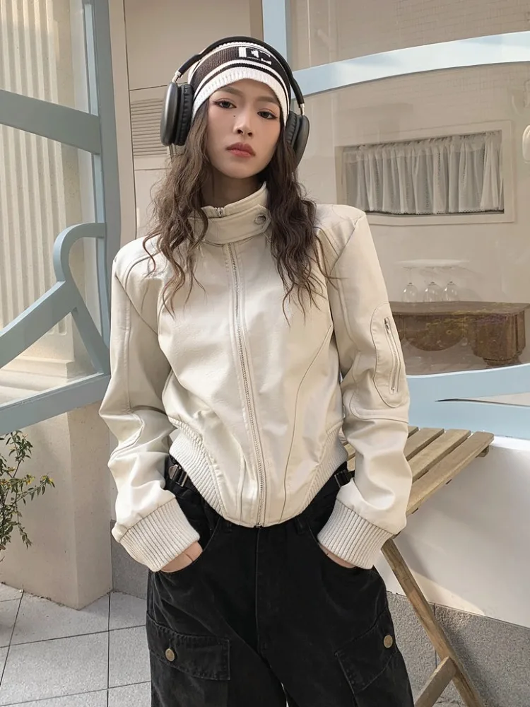 Retro americano ort Jaet Design ampio da donna Senso Piccolo ence Cappotto in pelle da motociclista Stagione autunnale Materiale PU
