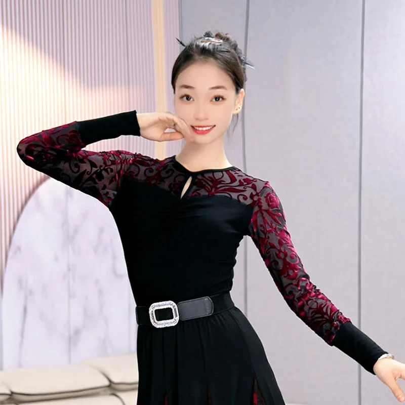 New Fashion Spliced Velvet Ballroom Dance Top Latin Jitterbug Practice Shirt Stage Performance Dance Costume