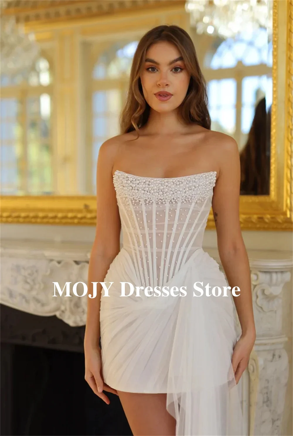 Mojy Personalizzato Avorio Perle di Lusso Pieghettato Mini Abito Da Sposa Asimmetrico Senza Maniche abiti da sposa Per Dopo Il Partito