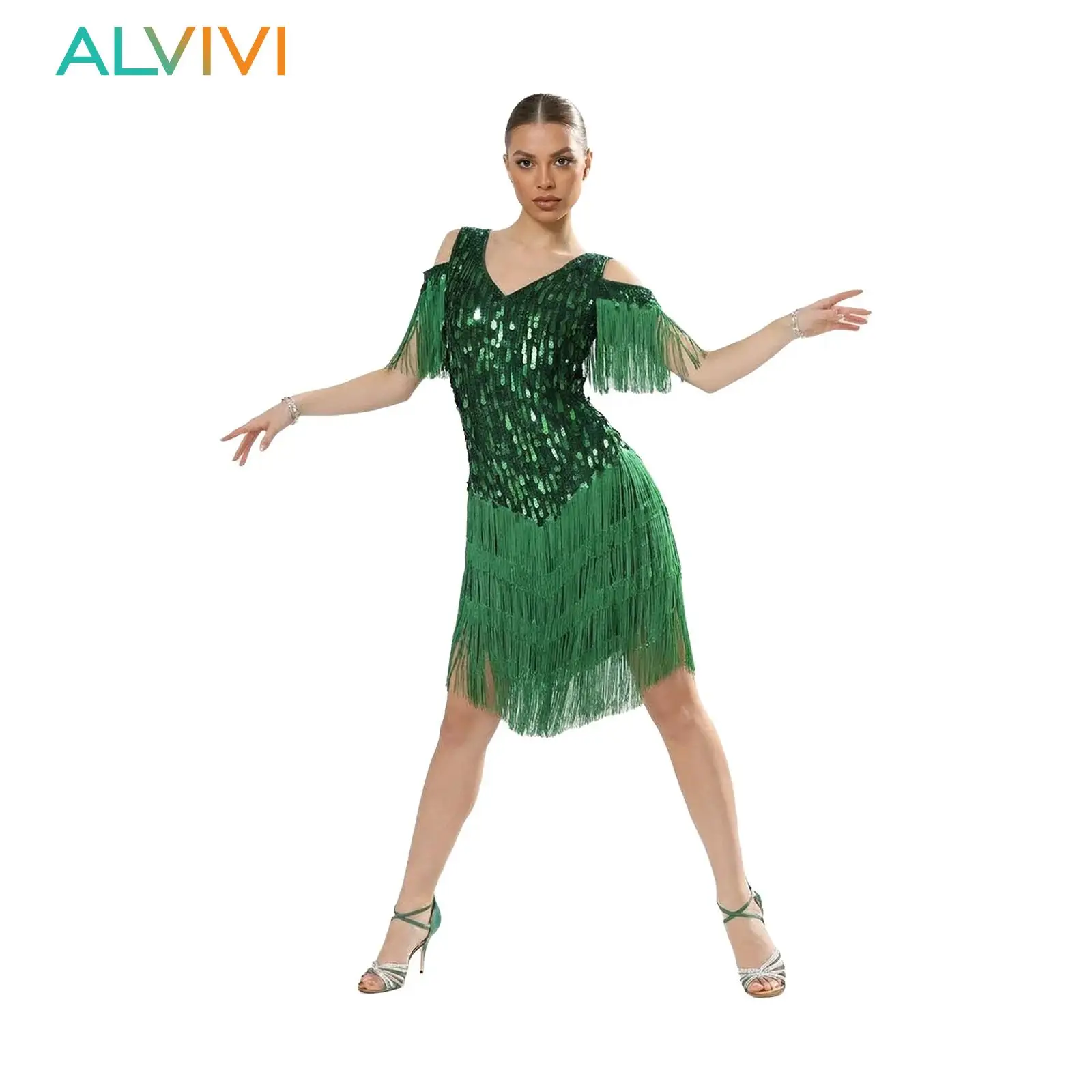 Women Cold Shoulder Fringe Latin Dance Dress V Neck Sparkle Sequin Tassel Salsa Rumba Ballroom Dancing Competition Outfit
