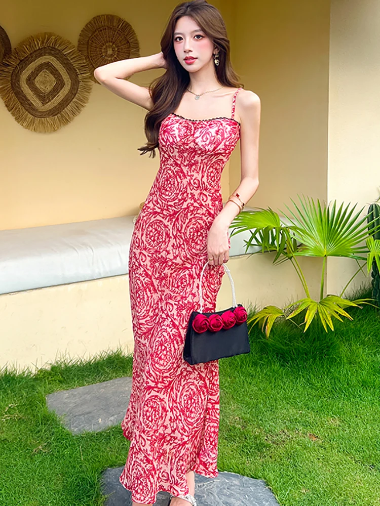 Damska Czerwona Sukienka Bodycon w Kwiaty, Elegancka Sukienka na Ramiączkach, Seksowna Długa Sukienka 2025 Koreański Vintage Luksusowa Sukienka na Bal Maturalny Letnia Elegancka Sukienka na Imprezę i Wydarzenia