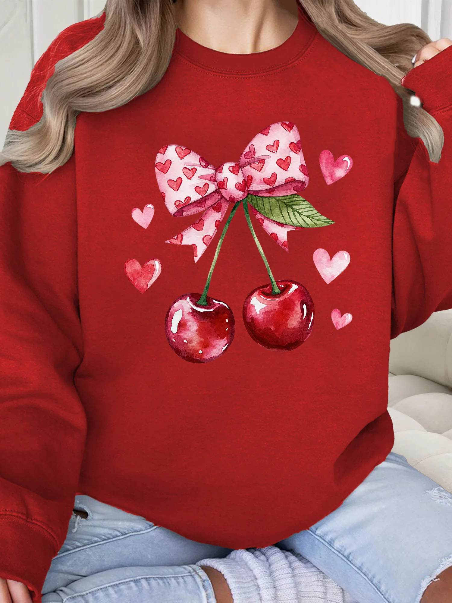 

Женский свитшот Fresh Cherry with Heart с круглым вырезом, повседневный, с длинными рукавами, свободного кроя, для ежедневной носки