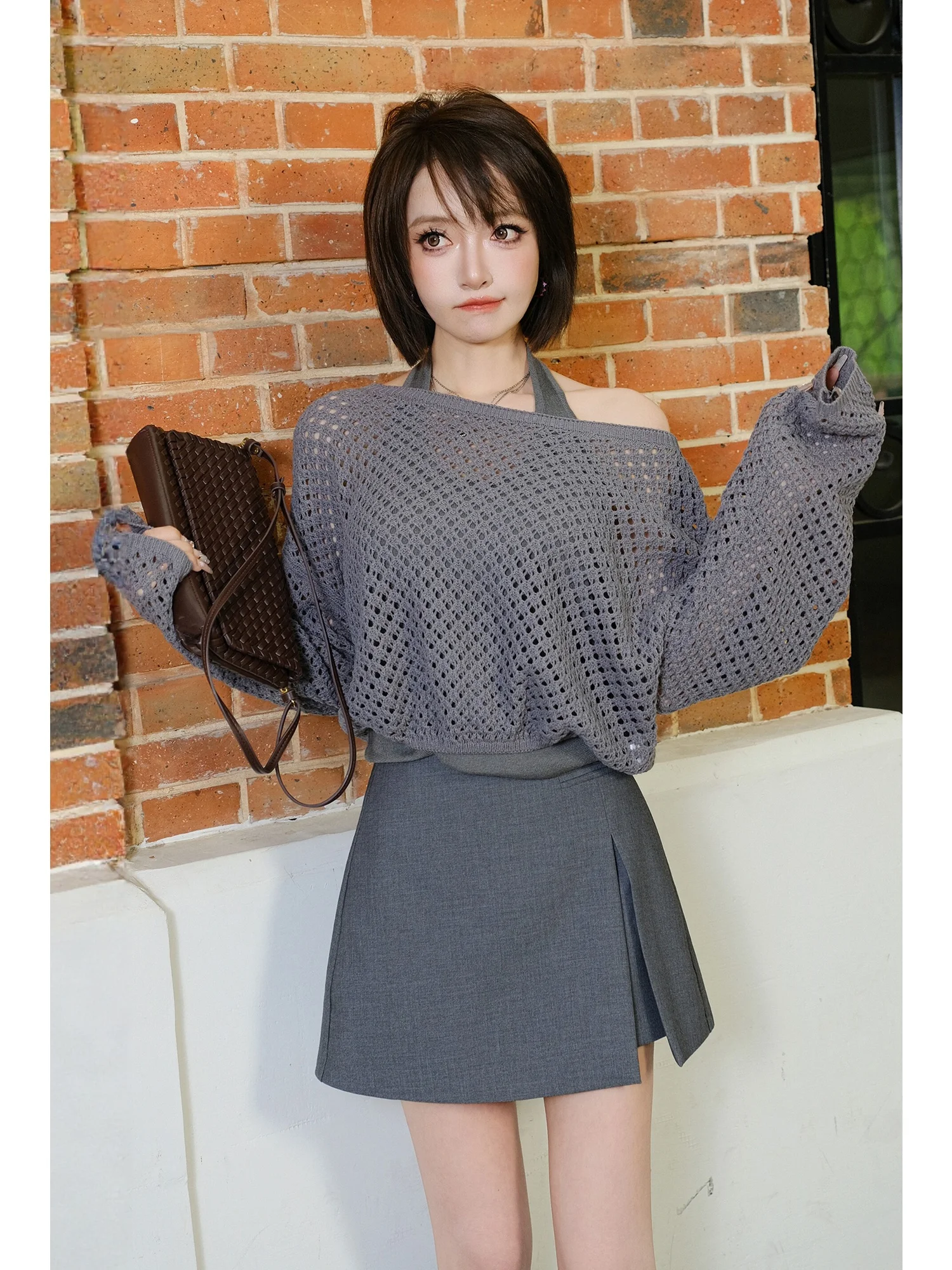 

MIUCO Pure Desire Style Knitted Two-Piece Set Women's Sleeveless Vest Hollow out Hook Flower Design Shoulder Baring Top