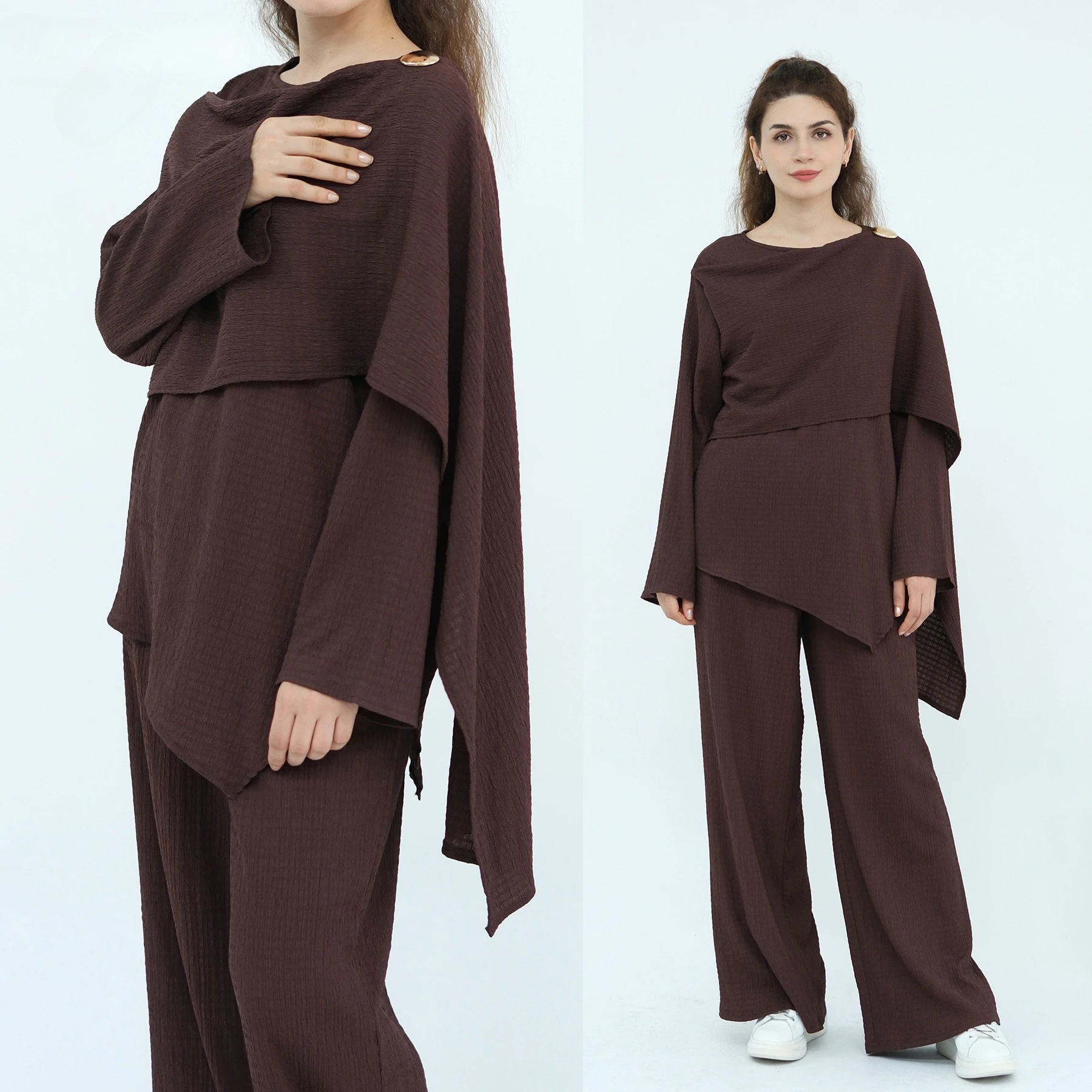 

Muslim Women Blouse Top with Wide Leg Pants Suit 2 Piece Set Morocco Musulman Ensemble Dubai Islam Casual Femme Arabic Outfits