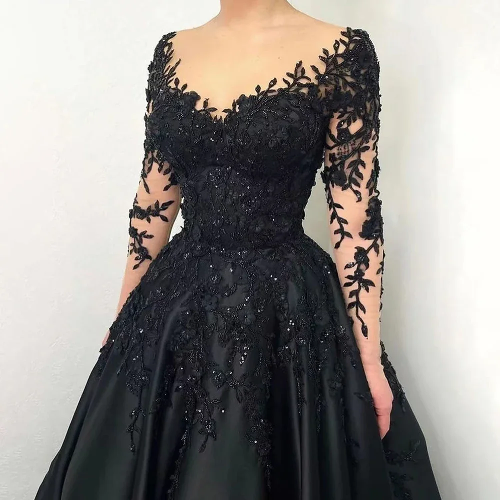 Formal Black Beading Applique Evening Dress Long Sleeve A-line O-Neck Floor Length Prom Gown Elegant Women Special Party Dresses