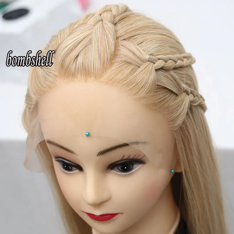 

Bombshell Blonde Mix Gold Straight Synthetic Lace Front Wigs Braided Glueless Top Quality Heat Resistant Fiber Hair For Women