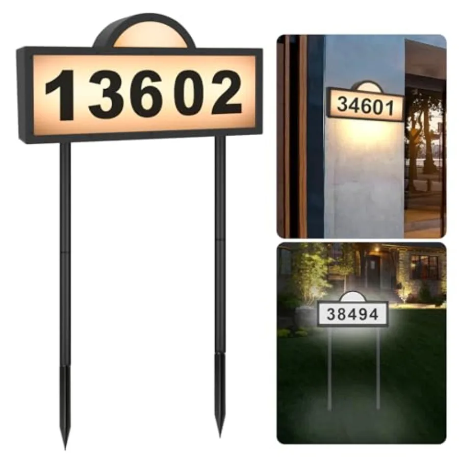 

LED Solar Address Sign, Address Numbers for Yard with 2 Colors, Warm White and Cool White, IP 65 Waterproof House Numbers Sign