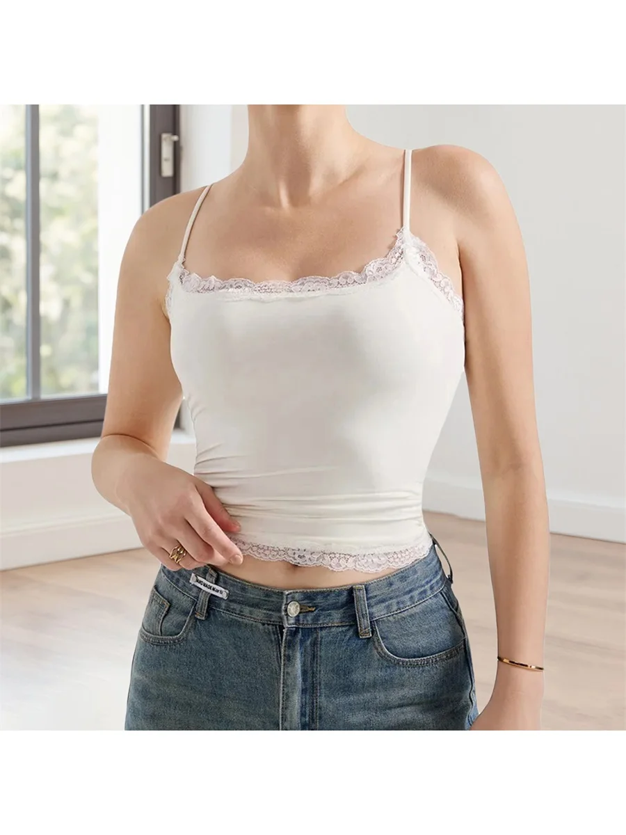 Women Crop Camisole Casual Summer Lace Patchwork Spaghetti Straps Tank Tops Sleeveless T-Shirt for Club Streetwear