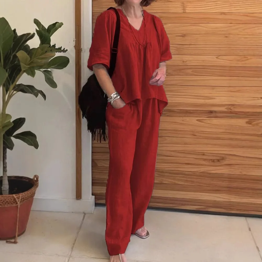 طقم قطعتين كاجوال من القطن مكون من قطعتين للنساء نصف كم ورقبة على شكل حرف V وسراويل عبوة أطقم ملابس فضفاضة أنيقة للعمل في المكتب للسيدات