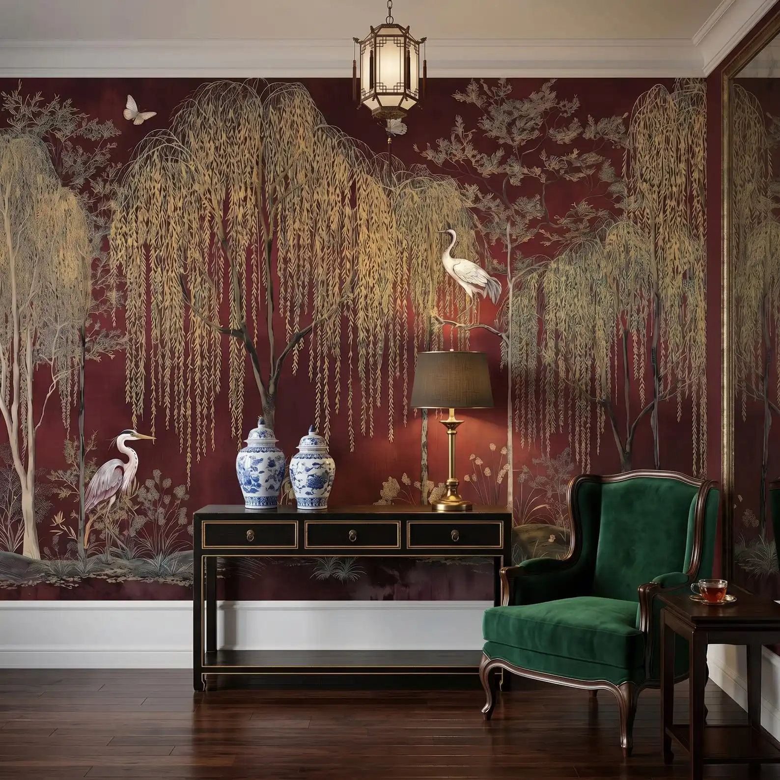 Customized Mural Featuring Chinese Style Willow Tree Wallpaper, Wine Red Blue Dark Green Background Crane Bird 3D Wallpaper