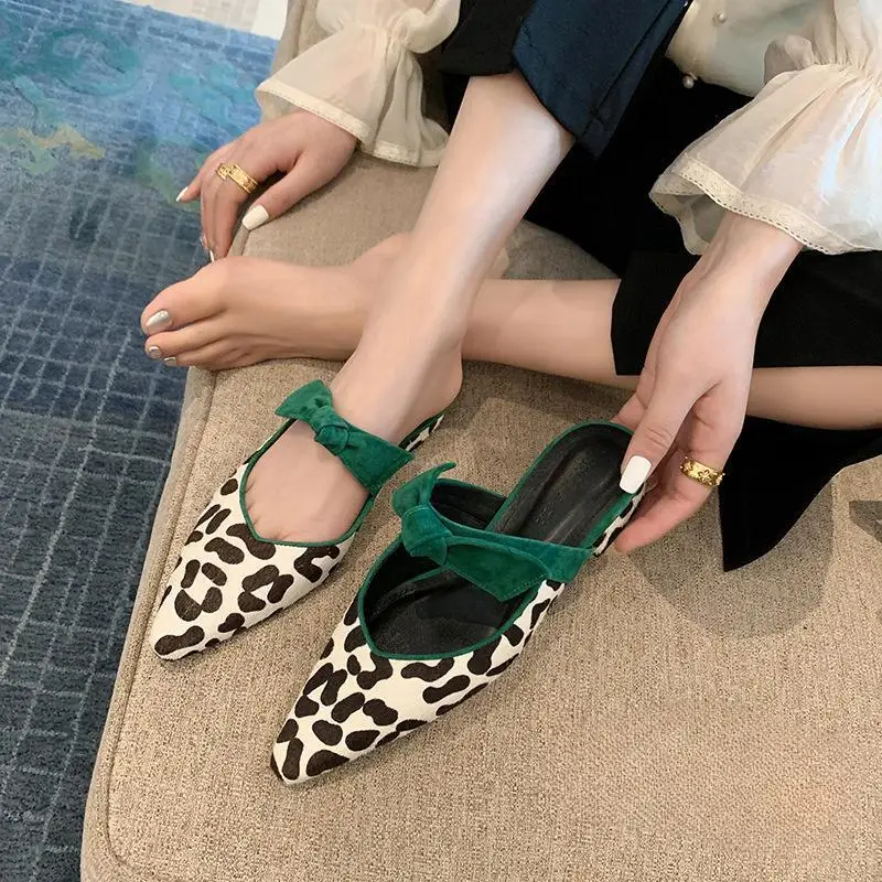 2024 summer new sexy women's shoes leopard print horsehair Mueller shoes, with butterfly bow French half slippers in color,