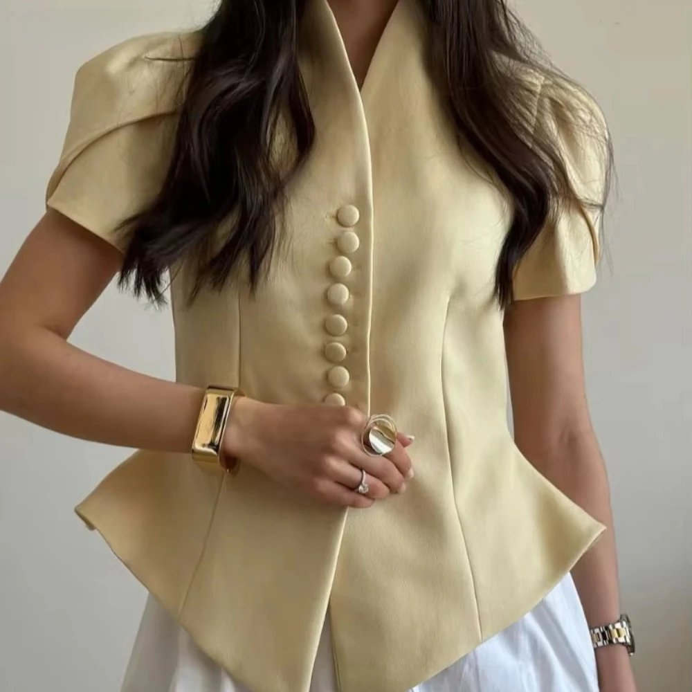 Elegant Women's Irregular Shirts Short Sleeve Waist-Closed Button V-Neck Lady Top 2026 Spring Summer Chic Female Street Outwear